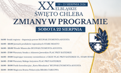 Zdjęcie do Zmiany w sobotnim programie XX Elbląskiego Święta Chleba